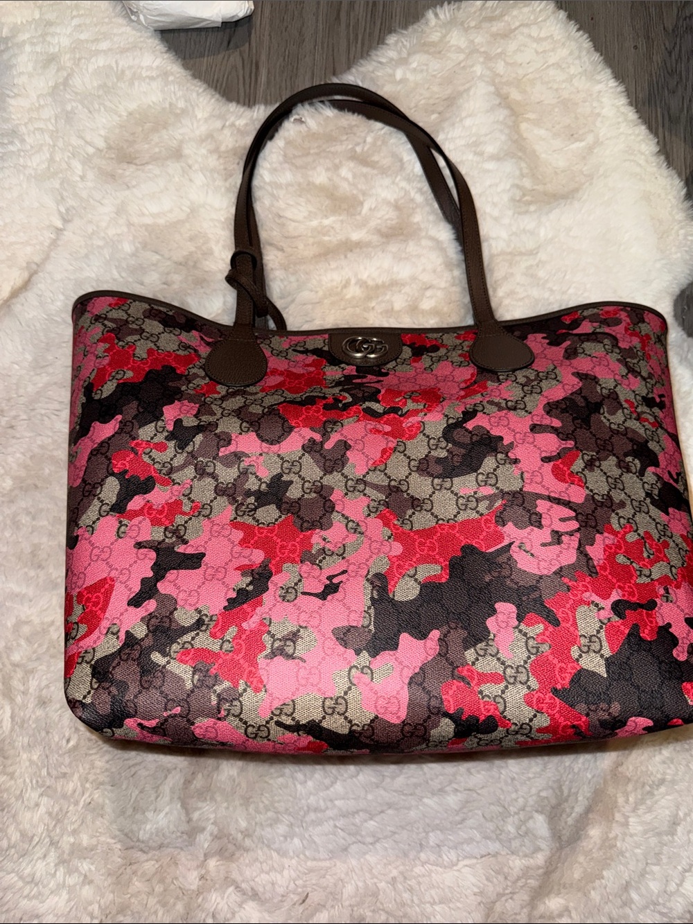 Gucci Pink & Red GG Camo Canvas Tote with Brown Leather Handles